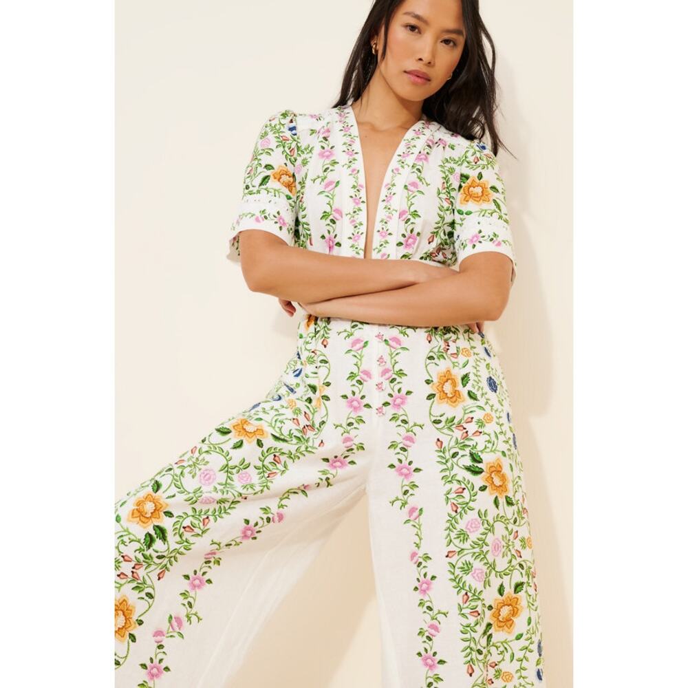 FARM Rio Folk Floral Linen Medium Wide-Leg Jumpsuit - Picture 3 of 16